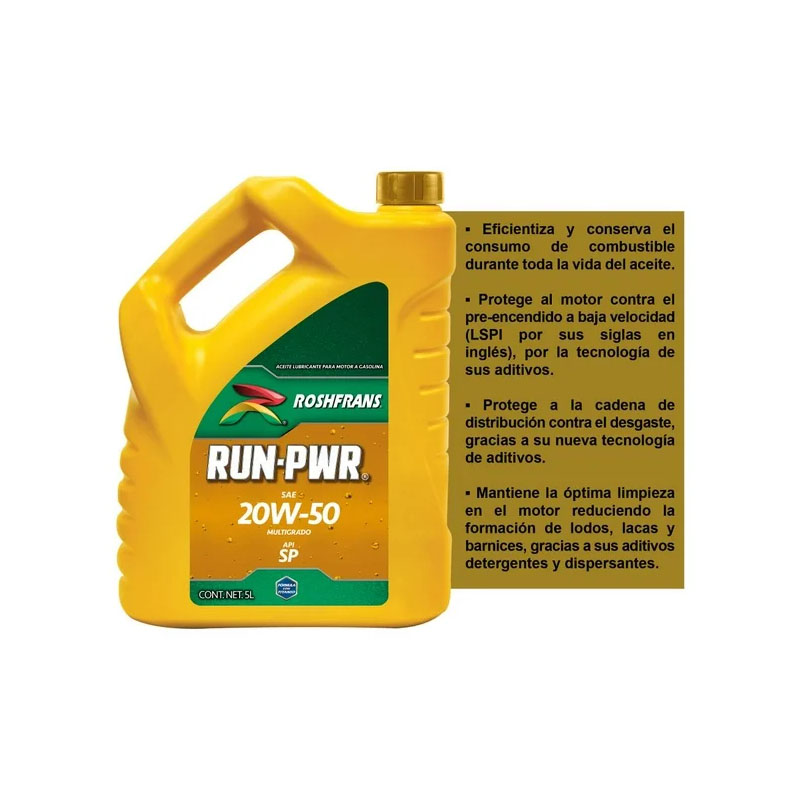 Aceite Lubricante para Motor Roshfrans Run Power Multigrado SAE 20W 50 API SP 4 pzas de 5 l - Image 2