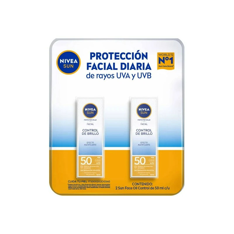 Protector Solar Facial Nivea Sun Control de Brillo Efecto Mate FPS50 2 pzas de 50 ml