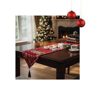 Camino de mesa navideño rojo con diseño dorado y borlas