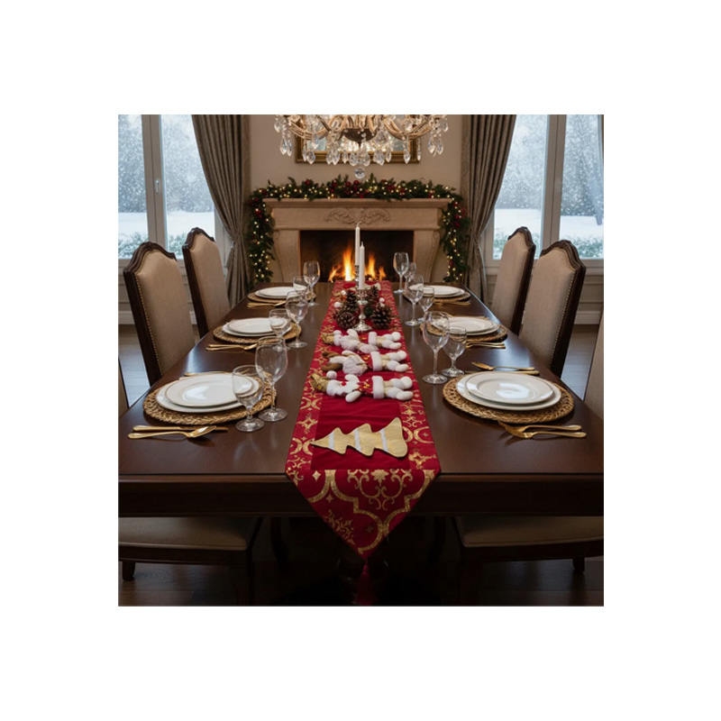 Camino de mesa navideño rojo con diseño dorado y borlas - Image 2