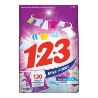 Detergente en polvo 1 2 3 maxi poder con suavizante y jazmín 900 g