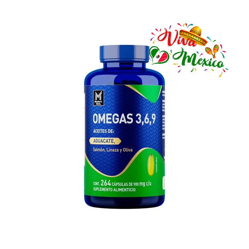 Suplemento Alimenticio Members Mark Omegas 3,6,9 Aceites de: Aguacate, Salmón, Linaza y Oliva 264 Cápsulas de 900 mg c/u