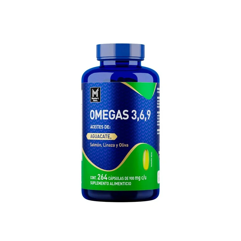 Suplemento Alimenticio Members Mark Omegas 3,6,9 Aceites de: Aguacate, Salmón, Linaza y Oliva 264 Cápsulas de 900 mg c/u